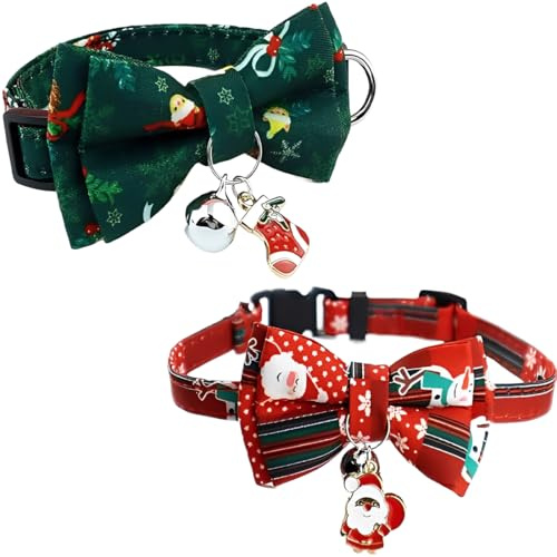 2 Stück Kitten Halsbänder, Weihnachts Katzenhalsband mit Schleife und Glocken Anhänger, Verstellbares Katzen Halsbänder Weihnachts-Katzen-Hundehalsband für Kätzchen und Welpen Weihnachtszubehör
