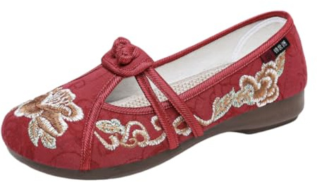 Auhoho Women’s Chinese Style Embroidered Shoes Old Beijing Canvas Ballet Flats Floral Traditional Cheongsam Slip On Loafers 5.5 US,Red
