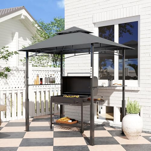 HOMELEN Grillpavillon mit Doppel-Vordach, Magnet& Gewürzregalen – Wetterschutz für Grills bis 150 cm, pulverbeschichteter Stahlrahmen, 243x148x248 cm, grau