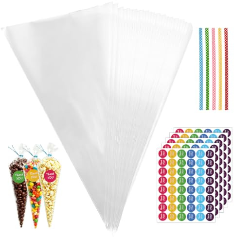 Realjoy 200 Piezas Bolsas Transparentes, 25 x 13 cm Bolsitas Plastico Pequeñas con 200 cierres de alambre y 240 pegatinas,Bolsas Transparentes de Celofán con Punta para Palomitas de Maíz, Dulces