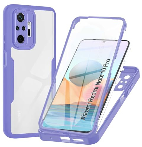 WeiCase Funda para Xiaomi Redmi Note 10 Pro, Transparente 360° Protección Funda con Protector de Pantalla Integrado Antigolpes Silicona Carcasa para Xiaomi Redmi Note 10 Pro, Púrpura