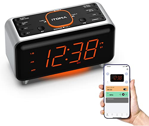 iTOMA Radiosveglia da comodino con altoparlante Bluetooth, display LED verde giada regolabile, radio FM con timer spegnimento, doppia sveglia con pulsante ON/OFF, snooze, 12/24 ore CKS503U