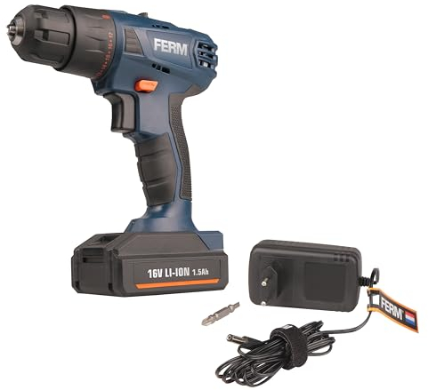 FERM Perceuse-visseuse sans fil CDM1134-16V - 1,5Ah - Phare de travail LED - Contrôle de vitesse variable - Coffret de rangement