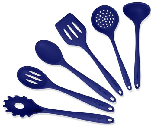 Blue Silicone Cooking Utensils Set – Sturdy Steel Inner Core – Spatula, Mixing & Slotted Spoon, Ladle, Pasta Server, Drainer – Heat Resistant Kitchen Tools - Bonus Recipe Ebook