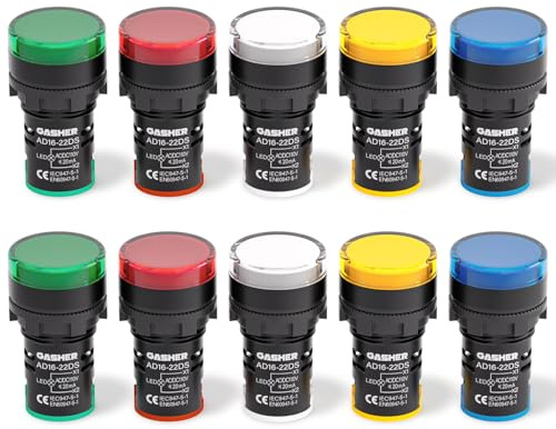 GASHER 12V/24V/110V 20mA Energy Saving LED Indicator Light Mounting Hole Size 22mm (7/8 Inch) Green Yellow Red Blue White (12V) 10 Pcs