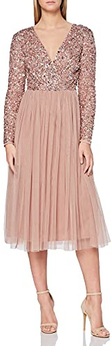 Maya Deluxe Midi Elegant Hochzeit Ärmel Tiefer V Ausschnitt Pailletten Cocktailkleid Abschlussball Brautjungfernkleid