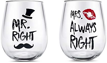 Mr Right Bicchieri da coppia di vino 14 once Calice da vino in cristallo senza stelo Set di tazze, Tazza da matrimonio per gli sposi per coppia Anniversario, Fidanzamento, Natale San Valentino