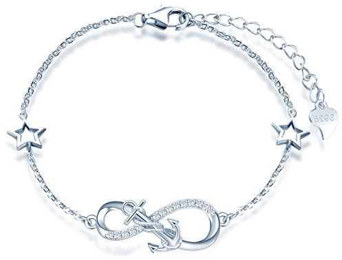 INFINIONLY Pulsera para mujer niña, pulsera de plata de ley 925, pulseras de símbolo de infinito con ancla, decorar diamantes, corazones o estrellas, zirconia, plateado, pulsera de ancla