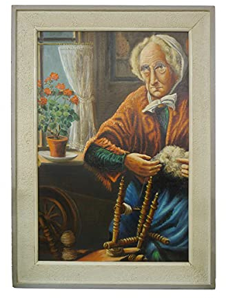 Antike Fundgrube Bild Ölbild Gemälde Portrait mit Rahmen 'Alte Frau am Spinnrad' 122x87x6 (5304)