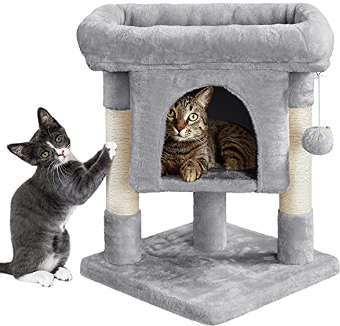 Yaheetech Árbol Rascador para Gatos Torre 3 Niveles 40,5 x 40,5 x 59 cm Centro de Actividad con Plataforma Condominio y Bola Colgante ‎Gris Claro