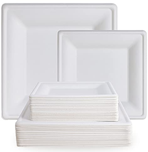 ECOLipak 120 Pack Compostable Paper Plates, 10 inch and 8 inch Heavy Duty Eco friendly Sugarcane Biodegradable Disposable Square Plates for Party Dinner Birthday