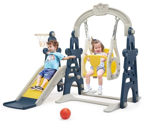 3-in-1 Kids Slide for Toddlers Age 1-3 Slide and Swing Set,Indoor Playground for Children,Freestanding Outdoor Slides with Basketball Hoop,Outside Climber Playhouses,Baby Climbing Toys Blue
