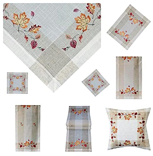 Tischdecke Mitteldecke Tischläufer Deckchen Kissenhülle Herbst 15% Leinen beige Bestickt mit Ahorn und Buchen Blättern ín herbstlichen Farben (40 x 90 cm)