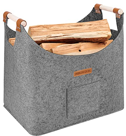 XL Faltbarer Holzkorb für kaminholz Extra dicker Filz und verstärkter Griff | Kaminholzkorb für Einkauf, Holz, Zeitung oder Brennholz | Brennholzkorb Filzkorb(Grau)
