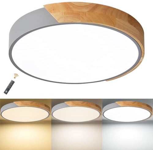 LuFun Dimmbare Deckenleuchten, 24W Graue Runde Moderne Deckenleuchte aus Holz, Deckenleuchte für Wohnzimmer Schlafzimmer Küche Wohnzimmer Flur, Ø 30cm