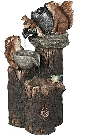 RANRAO Outdoor Water Features for Garden, Squirrel Water Fountain Outdoor Sculpture, Resin Animal Statue Water Feature Fountain with LED Lights for Patio Decoration