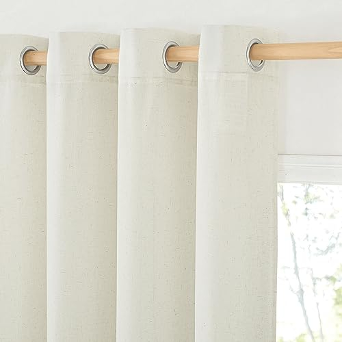 PONY DANCE Kurze Gardinen Halbtransparent Vorhang Leinen Ösenschal 2er Set H 145 x B 140 cm Elfenbeinweiß, Leinenoptik Gardine Boho Style Linen Curtains for Bedroom/Living Room
