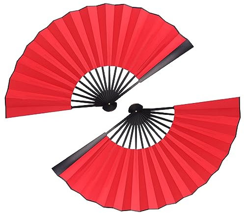 Heyiminy Handventilator, zusammenklappbar, 25,4 cm, Stoff und Holzgriff, elegante chinesische faltbare Fächer für Frauen für Festival, Dekoration und Performance, langlebig und stilvoll, Rot, 2 Stück