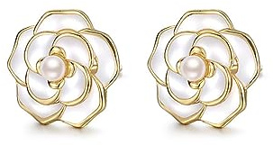 Reffeer Pendientes de tuerca de plata de ley 925 con diseño de flor de camelia para mujer, aretes de flor de perla