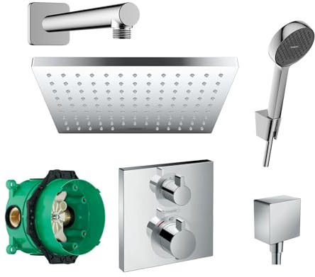 Hansgrohe Duschsystem Unterputz mit Duscharmatur Hansgrohe HGK03 poliert | Duscharmatur von Hansgrohe Ecostat Square Thermostat Armatur und Hansgrohe Regendusche Duschkopf eckig, Dusch-SET poliert