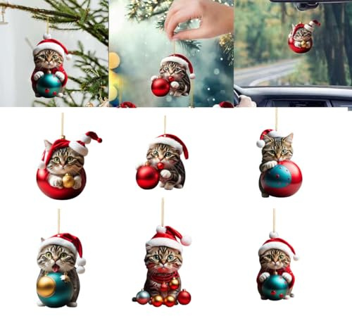 Zixrmor Christmas Decorations Acryl Weihnachtskatze Hängende Deko Lustiger Weihnachten Katzen Ornament Spaß Weihnachtsanhänger Deko Christbaumschmuck Weihnachtsschmuck Geschenk (6)