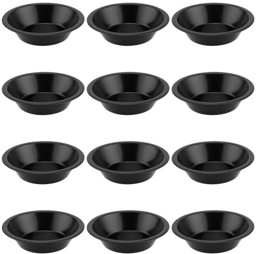 YUENPUN 12 PCS Non Stick Individual Pie Dish, Round Individual Pie Dishes, Black Carbon Steel Pie Pan Individual, Individual Tart Dishes for Baking Quiche, Bread, Cake, Desserts, 12.6 x 8 x 3cm