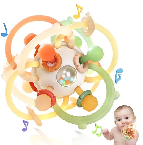 Baby Sensory Teething Toys, Baby Montessori Teether Toys for 0 3 6 9 12 18 Months, Silicone Tummy Time Toy with Rattle Ball for Newborn Infant, Learning Delopmental Gift for Boys Girls, Brown
