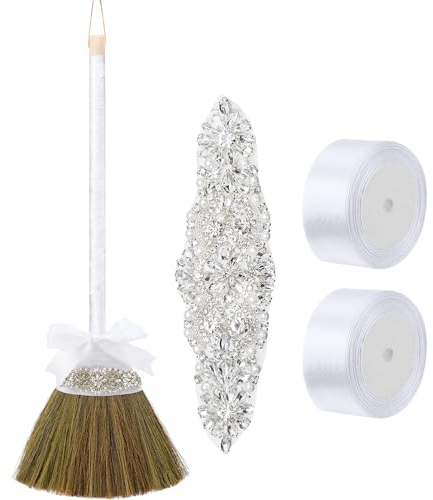Yungyan Hochzeitsbesen DIY Braut Bräutigam Springbesen 11,81 x 28,74 Zoll Schneebesen Hochzeitsbesen Springbesen mit weißen Bändern Künstliche Perle für afrikanische amerikanische Hochzeitszeremonie