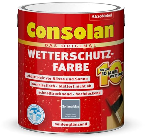 Consolan Wetterschutzfarbe, Deckender Holzschutz für Außen, Sommerblau, 2,5L