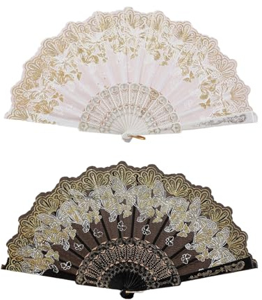 Handfächer Faltbare Fächer,2 Stück Klein Schmetterling Muster Faltbarer Handfächer für Frauen Männer,Schwarz Weiß Chinesischer Seidenstoff Festival Gadget Eine Abkühlung im Sommer Hochzeit Dekoration