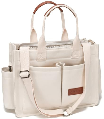 ZHMO Canvas Tote Bag for Women With Compartments and Zipper,White Women's Bags Crossbody Bags Work Laptop Tote Bag Large Satchels Handbag Tote Purse Everyday Shoulder Bag for Travel Nurse Teacher Gift