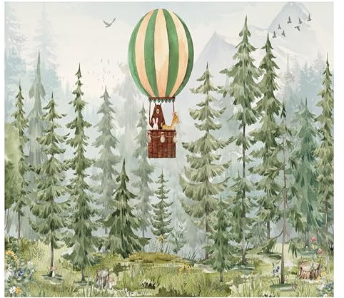 Fototapete Kinderzimmer Wald, Kindertapete Bäume, Waldtiere, Vliesapete, Berge, Wald, Vögel, Fototapeten für Jungen und Mädchen Heißluftballon