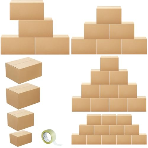 Outus 32 Pack 4 Sizes Shipping Boxes Mailers Corrugated Cardboard Box Kraft Mailing Boxes Small Packing Box with Packaging Tape for Shipping Packing Mailing (Kraft Color,Large)