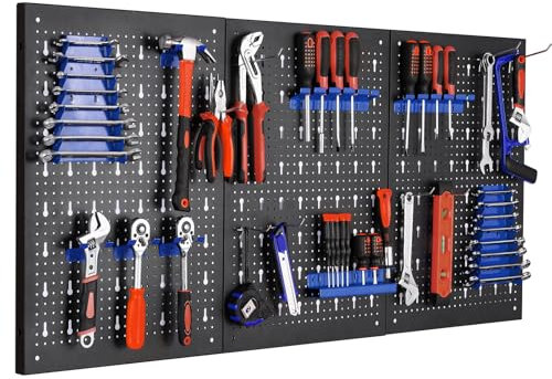 LIFERUN Metal Tool Wall, Three-part Pegboard Workshop, Expandable Tool Pegboard with 17-piece Hooks and Holders, Tool Wall for Workshops (Blue)