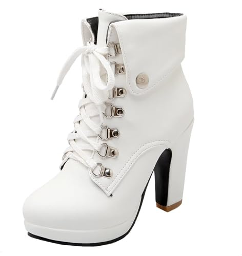 HSyc JRX Mujer Tacones altos Tacón bloque Botines con cordones y plataforma Botas Zapatos, Blanco, 39.5 EU