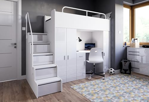 Marlux-Meble Hochbett Kinderbett JSM-5 90x200 mit Kleiderschrank Schreibtisch und Treppe Glanz Etagenbett Stockbett Jugendhochbett (Weiß Glanz)