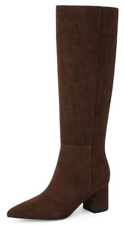 Easyfox Kniehohe Stiefel für Damen, breiter Absatz, spitzer Zehenbereich, seitlicher Reißverschluss, lange Stiefel, Dunkelbraunes Wildleder, 38 EU