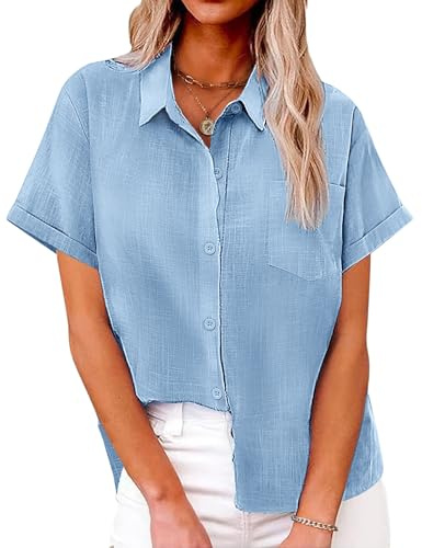Niwicee Blusas Mujer Verano Camisa Manga Corta Cuello en V Botón Camisa Casual de Algodón Camisas Básicas de Color Sólido Elegantes Camisa Suelta con Cuello de Solapa y Bolsillo (Azul, L)