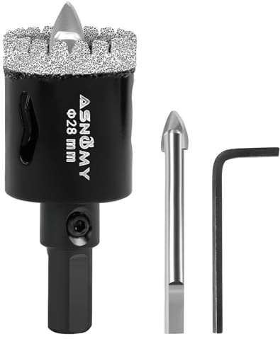 ASNOMY 28mm Diamond Hole Saw with Pilot Drill Bit, 20mm Serrated Brazing Tile Hole Saw Diamond Core Drill Bits with Guiding Bit for Ceramic Porcelain Tile Glass Stone Granite Marble