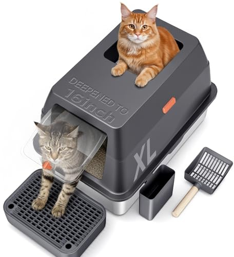 Gimars Lettiera per Gatti 3 in 1 in Acciaio Inox, Cassetta Chiusa con Bordi Alti, Extra Large con Paletta, Ingresso Frontale e Superiore