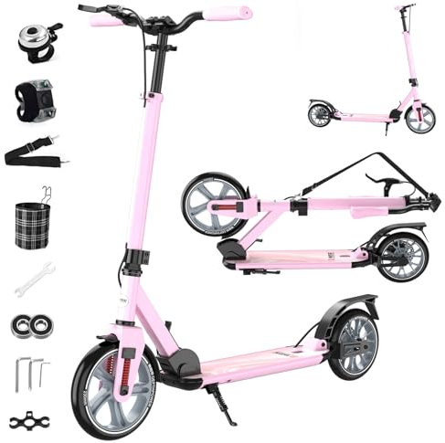 Klappbarer Roller für Erwachsene bis 150kg Verstellbar Scooter Robuste Konstruktion 230mm Räder Stoßdämpfende ShockResist-Technologie Hinterradbremse rutschfest ABEC 9,Rosa