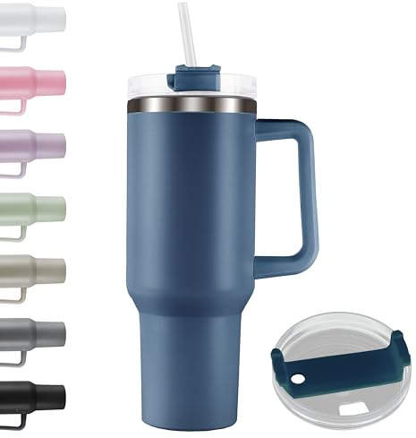 Termosmugg med handtag | sugrör | rostfritt stål | resemugg med isoleringsskikt | kaffemugg dubbelvägg (blå)