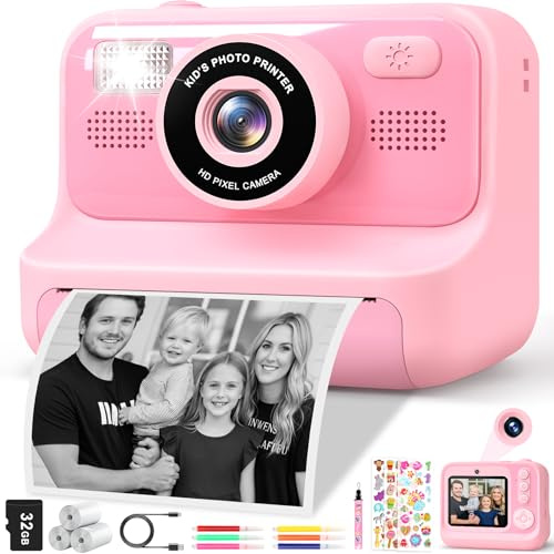Subtail Appareil Photo Instantané Enfant - 2.4 Écran Appareil Photo Numérique Enfant avec Mode Selfie et Carte 32GB et Papier d'impression - Cadeau Jouet pour Enfant Garçons Filles de 3-12 Ans - Rose