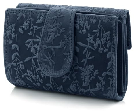 ekavale Frauen-Portemonnaie mit Blütenmuster, Leder Geldbörse für Damen mittelgroß, Riegelverschluss, RFID-Schutz (Navy)