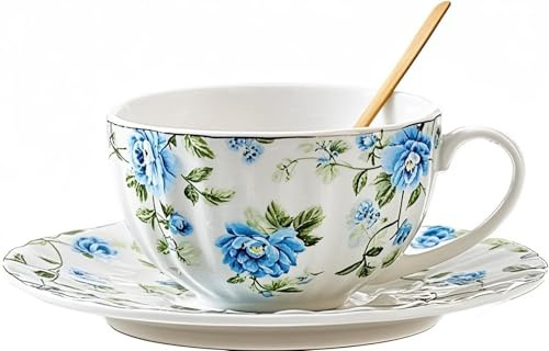 Eplze Ceramic Cup and Saucer Set, 6.8oz- Country Floral Pattern (Blue)