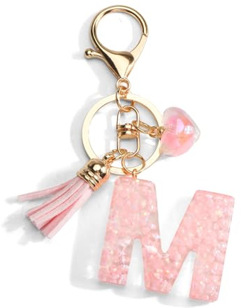 Porte-clés avec lettre, initiales, porte-clés avec pendentif en forme de cœur, pompon rose, cadeaux pour femme, sac à main, décoration de voyage, M, taille unique