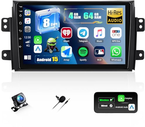 CAMECHO Qualcomm 8-Core 4+64G Android 15 DSP Autoradio pour Suzuki SX4/Fiat Sedici 2006-2013 avec Caméra de Recul, 9 Pouces sans Fil Carplay IPS Bluetooth Radio avec Android Auto WiFi GPS FM/RDS