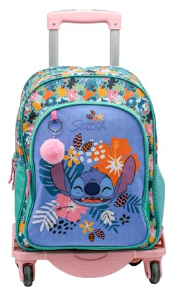 ToyBags Sac à Dos Scolaire Stitch Tropical - Double Compartiment - avec Accessoire Pom-Pom - Adaptable + Chariot Rose Protection latérale et Stopper Avant Anti-Chute 4 Roues pivotantes - 44 x 30 x 20