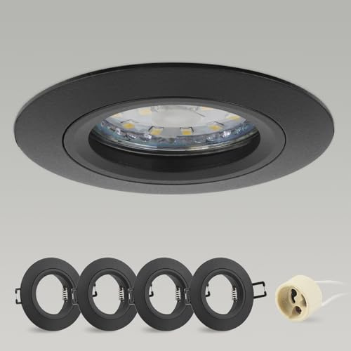 CongShine 4x Foco Empotrable GU10 Aluminio Negro Downlight LED Empotrable Ojo de Buey de techo con Portalámparas GU10 65mm Para 50mm Lámparas De Led O Halógena, Redondo 60-70mm 230V