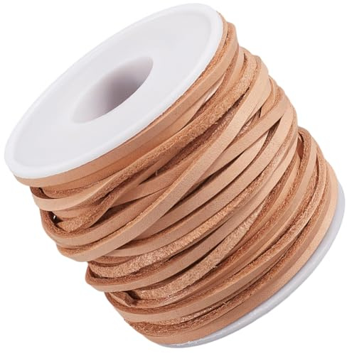 CALFOVERA 20 Yard 3MM Pelle Piatta Autentica Stringa di Cuoio per Artigianato Marrone Chiaro Vera Pelle Corda Sottile Cinghia Striscia Intrecciatura Filo per La Realizzazione di Gioielli Collane